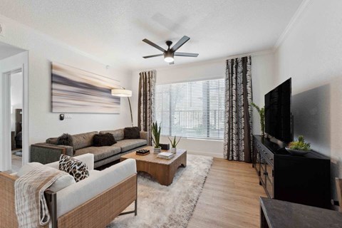 A living room with a grey couch and a wooden coffee table.